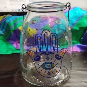 Decorative Hamsa Hand Evil Eye Glass Candle Jar / Vase with Metal Handle